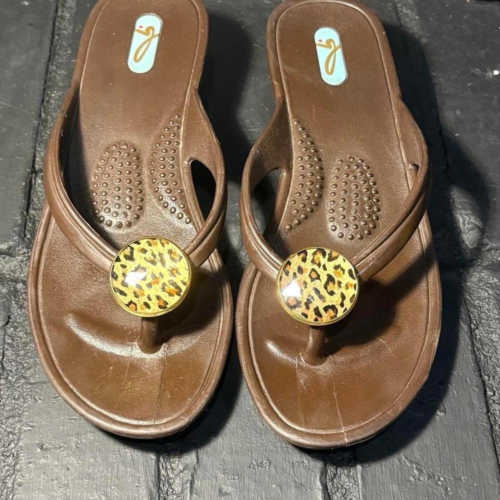 Oka-B Flip Flops Womens Medium Brown Leopard Print Cabochon Wedge Sandals